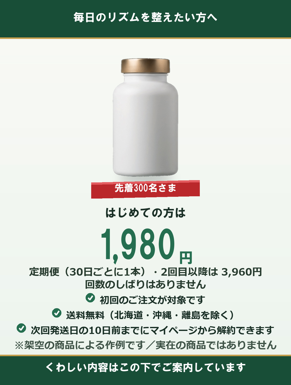 ヘルスケア商材の縦型バナー。上下に深緑の帯、中央に白いサプリボトル、先着300名さまの赤いリボン、初めての方は1980円という大きな価格表示、2回目以降は3960円という注記、チェック3項目