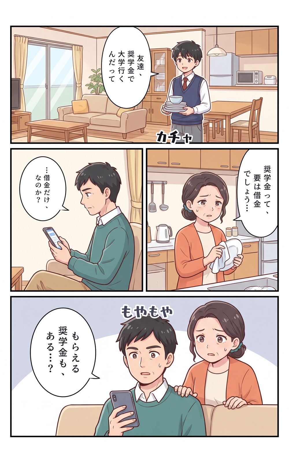友達が奨学金で大学に行くと聞いた息子。父は借金だけなのかと調べ、母は奨学金は要は借金でしょうと不安を口にする