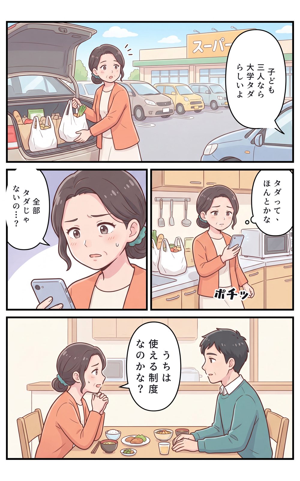 スーパーで子ども三人なら大学が無償になるらしいと聞いた母が、本当なのかとスマホで調べ始め、夫婦で使える制度なのかと話し合う