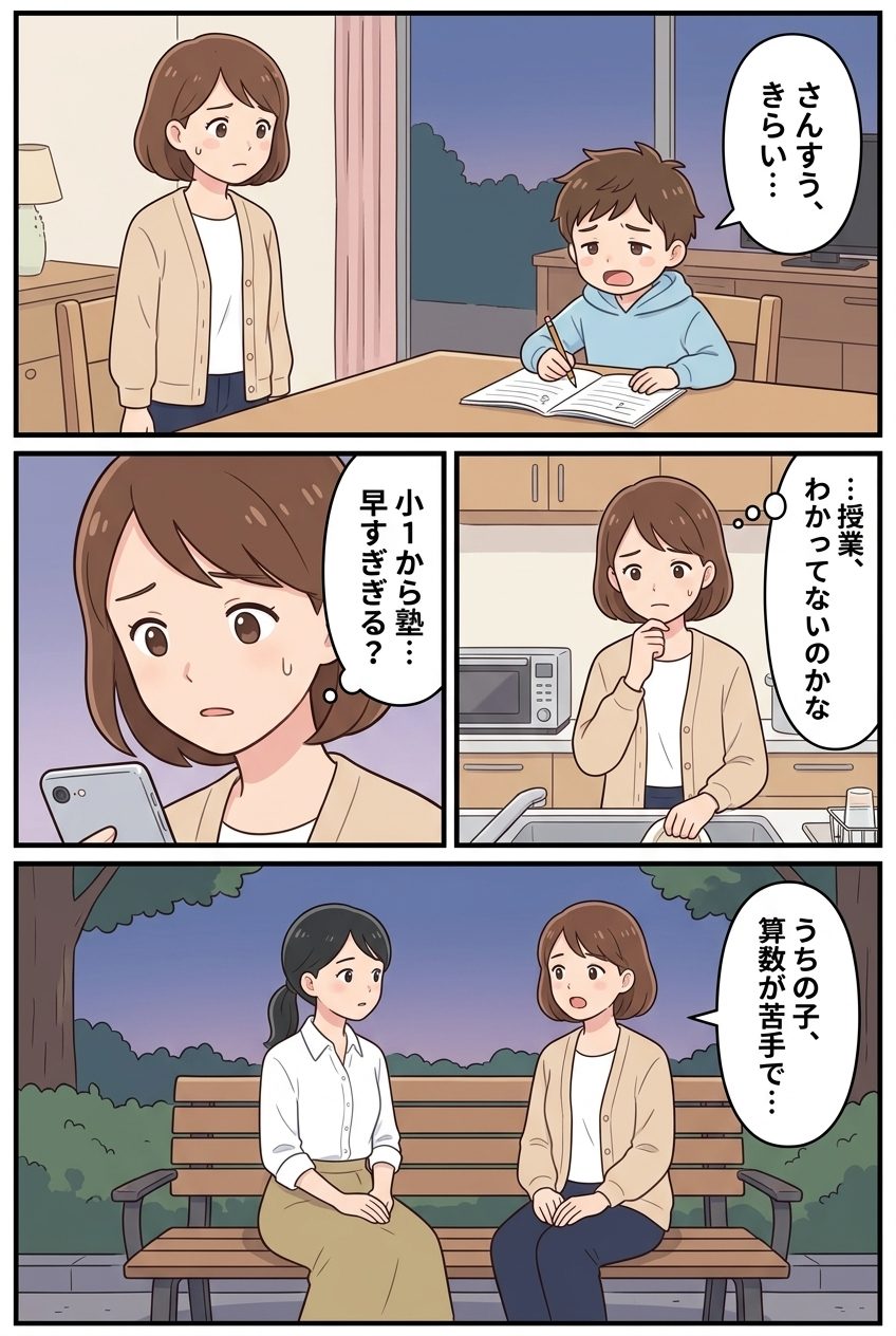 1ページ目。夕方の食卓で算数の宿題が進まない子どもを見て、母親が授業についていけていないのではと悩み、公園でママ友に相談する