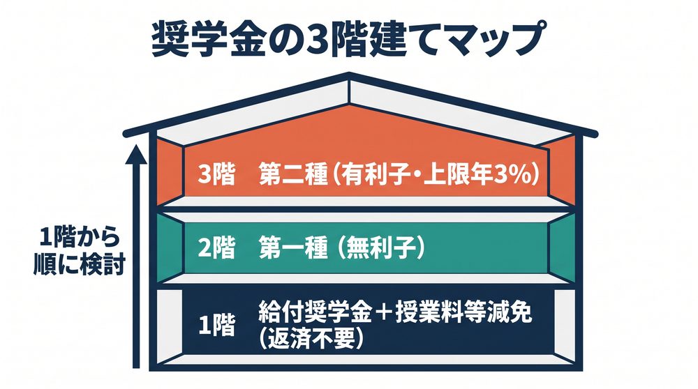 奨学金の3階建てマップ。1階が給付奨学金と授業料等減免で返済不要、2階が第一種の無利子、3階が第二種の有利子で上限年3パーセント。1階から順に検討する